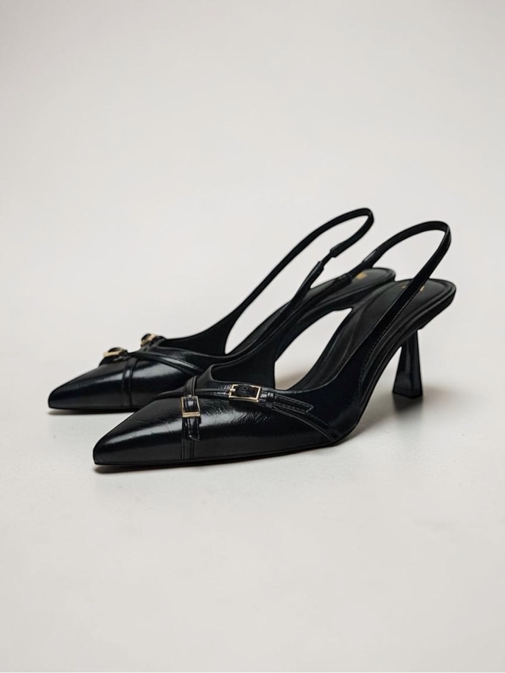 🖤 Zara Patent Slingback Kitten Heels Pointed Toe Buckle Black Size 37